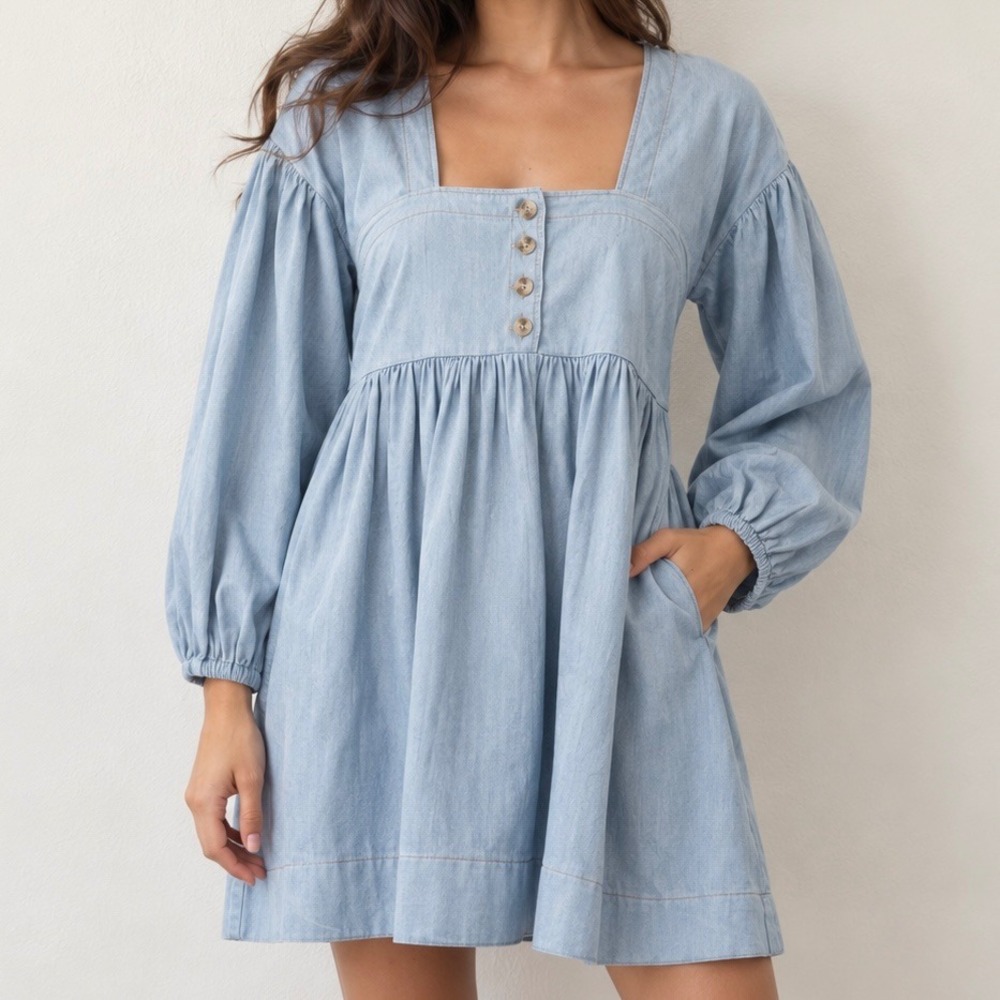 Anthropologie Denim Mini Dress Light Wash Puff Sleeve Babydoll Blue Medium